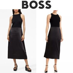BOSS Flaurelia Color Blocked Dress Women's Elegant Black Midi Skirt Sz XS NWT